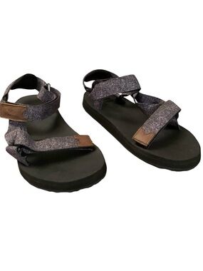 Roots Men’s Brown Grey Fabric Open Tow Two Strap Sandals Size 11